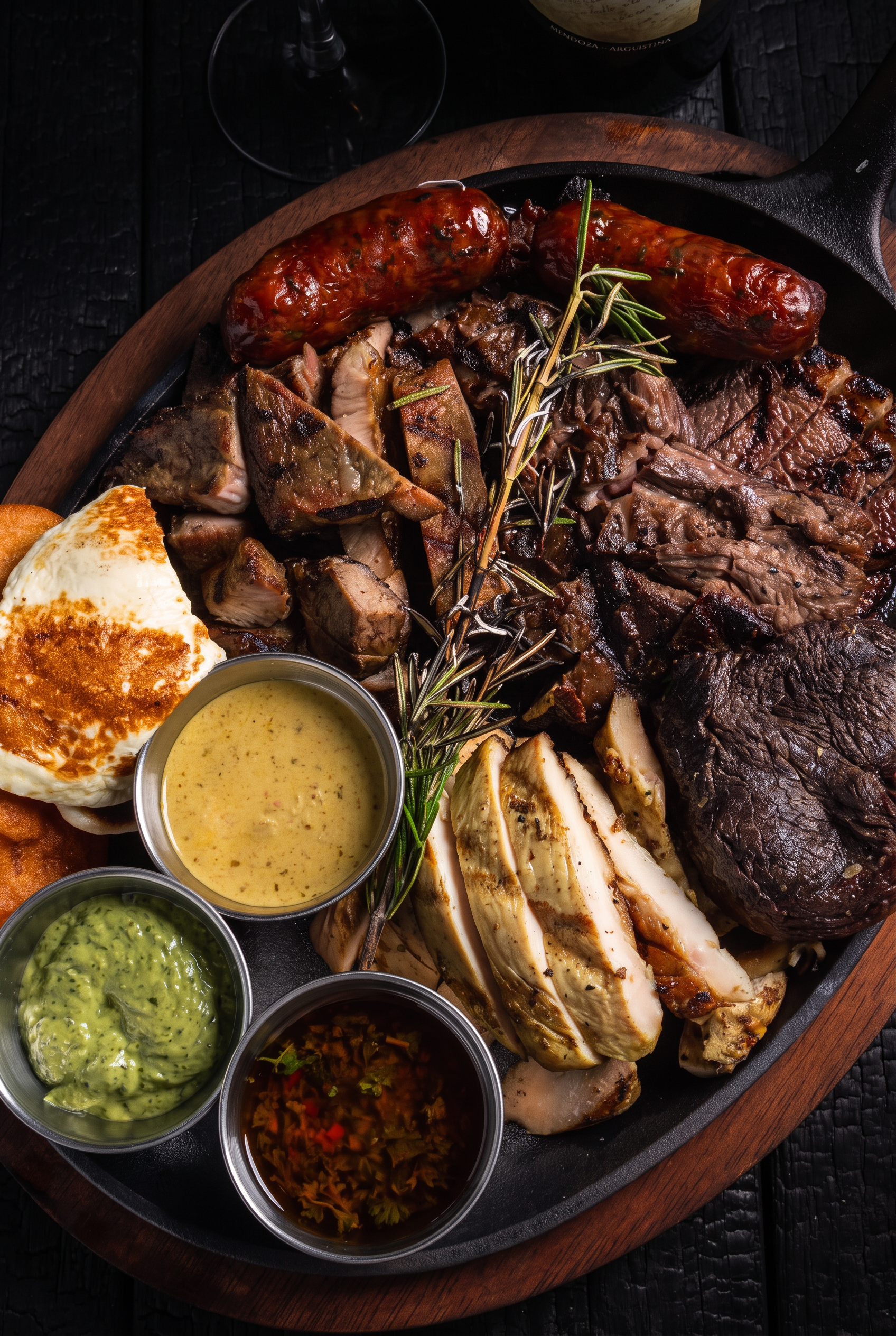 Tabla de parrilla al carbón con carnes, queso y salsas