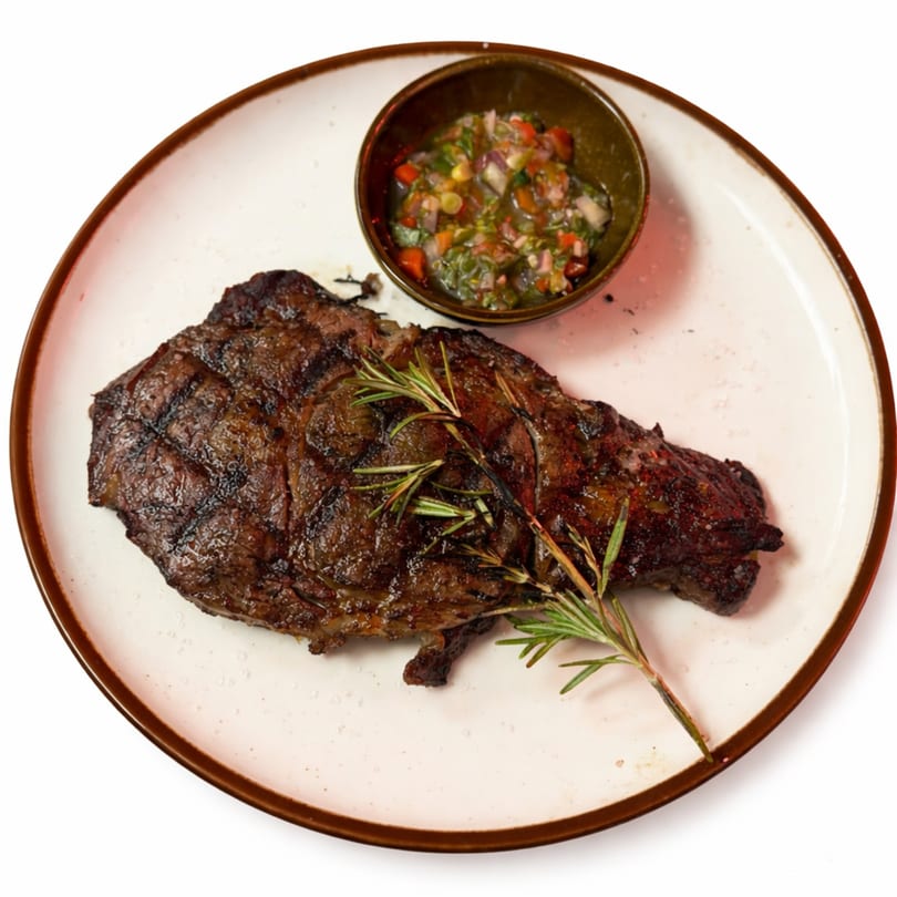Grilled steak with rosemary sprigs and a side of chimichurri sauce on a white plate.