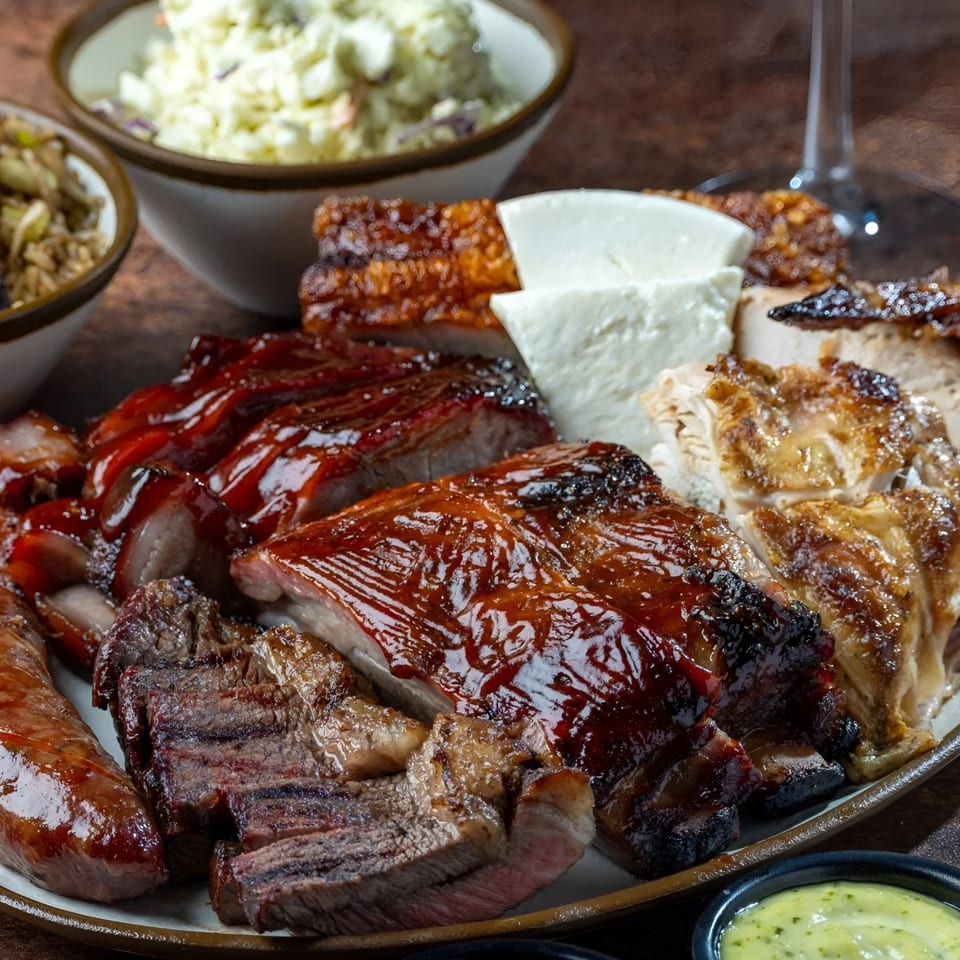 A Fuego Lento Restaurant's platter of grilled meats, ribs, sausage, and cheese with coleslaw and rice.