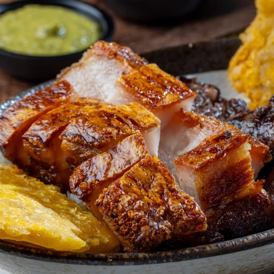 Crispy pork belly slices with plantains and a side of green sauce on a dark plate.