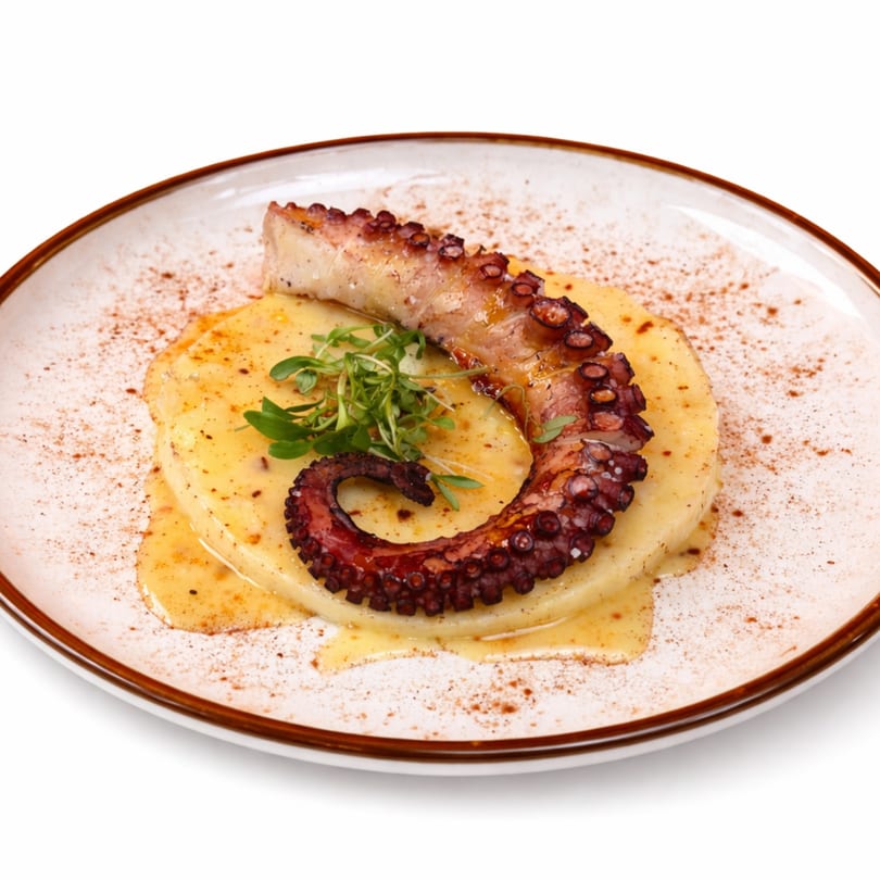 Grilled octopus tentacle on a bed of mashed potatoes with herbs and paprika, served on a white plate.